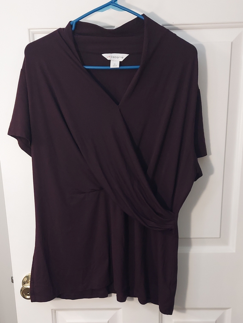Womans Liz Claiborne Twist-Front Short Sleeve Blouse- Plum Size XL
